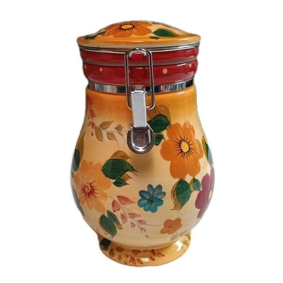 Other - VTG Oneida Sunset Bouquet Hand Painted Ceramic Canister Airtight Hinged Lid 8"